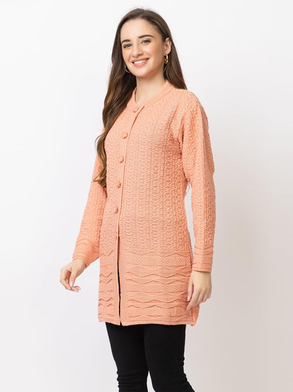 DADU DAYAL Women's Woolen Long Cardigan - Bottom Geometric Pattern Winter Coat, Warm & Stylish Knitwear