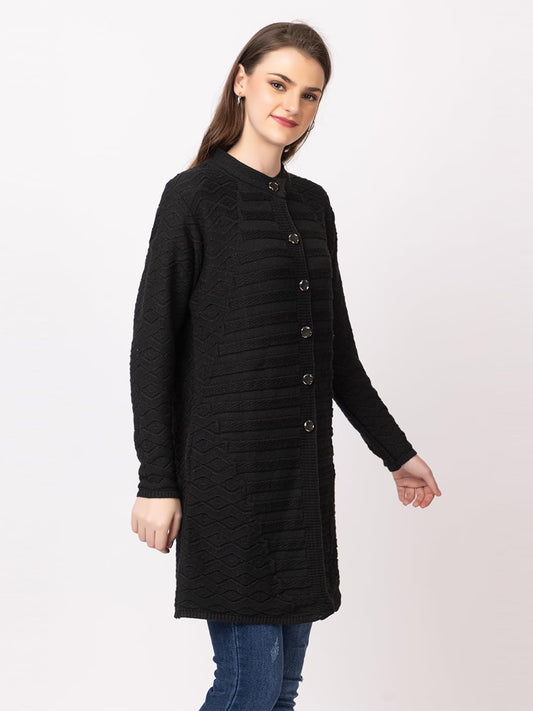 DADU DAYAL Women's Woolen Cardigan - Long Horizontal Lines Geometric Pattern Winter Coat, Warm & Stylish Knitwear