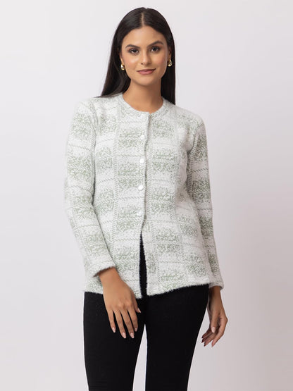 Dadu Dayal Checkered Women's Premium Woolen Cardigan - Stylish Winter Sweater, Full Sleeve, Soft & Warm Knitwear with Elegant Design for Comfort & Style Green