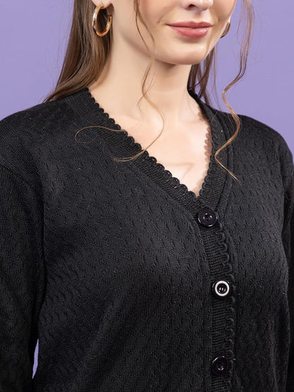 Dadu Dayal Women’s Acrylic Wool V-Neck Cardigan | Lightweight Scallop Border Buttoned Sweater | Winterwear for Women for Office, Travel, Casual Outfits | Stylish Slim Fit