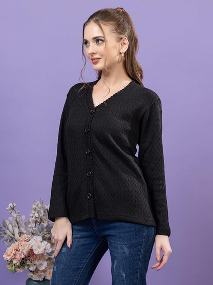 Dadu Dayal Women’s Acrylic Wool V-Neck Cardigan | Lightweight Scallop Border Buttoned Sweater | Winterwear for Women for Office, Travel, Casual Outfits | Stylish Slim Fit